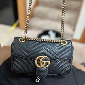 Black Quilted Leather Shoulder Bag with Gold Double-G Hardware